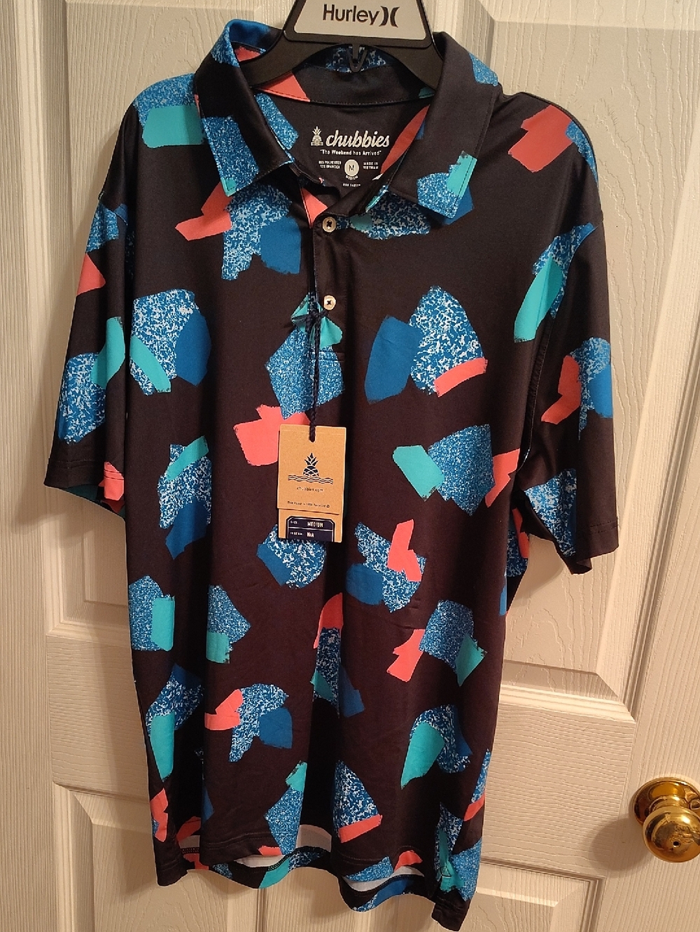 Chubbies Men's Black Polo with Blue, Teal & Coral Abstract Print